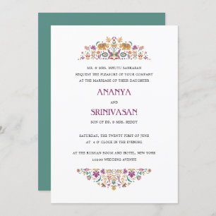 Indian Flower Jade Green Elephant Formal Wedding Invitation