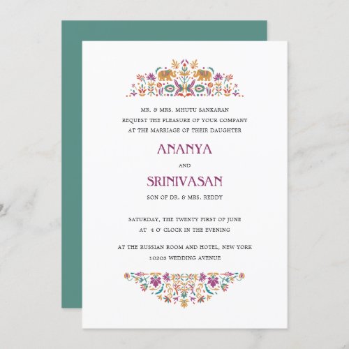 Indian Flower Jade Green Elephant Formal Wedding Invitation