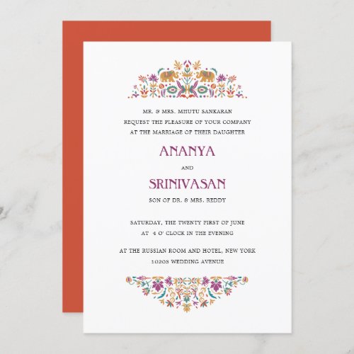 Indian Flower Orange Elephant Formal Wedding Invitation