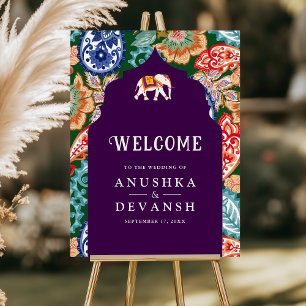 Indian Folk Art Elephant Aubergine Wedding Welcome Foam Board