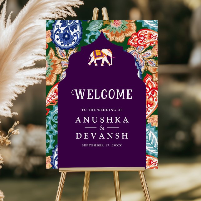 Indian Folk Art Elephant Aubergine Wedding Welcome Foam Board (Creator Uploaded)