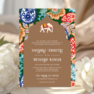 Indian Folk Art Elephant Beige Wedding Invitation