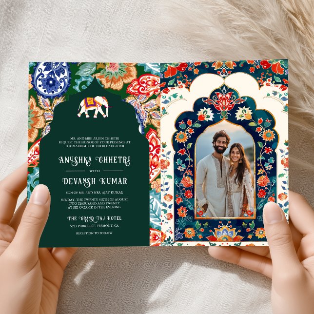 Indian Folk Art Elephant Emerald Green Wedding Invitation (Creator Uploaded)