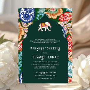 Indian Folk Art Elephant Emerald Green Wedding Invitation