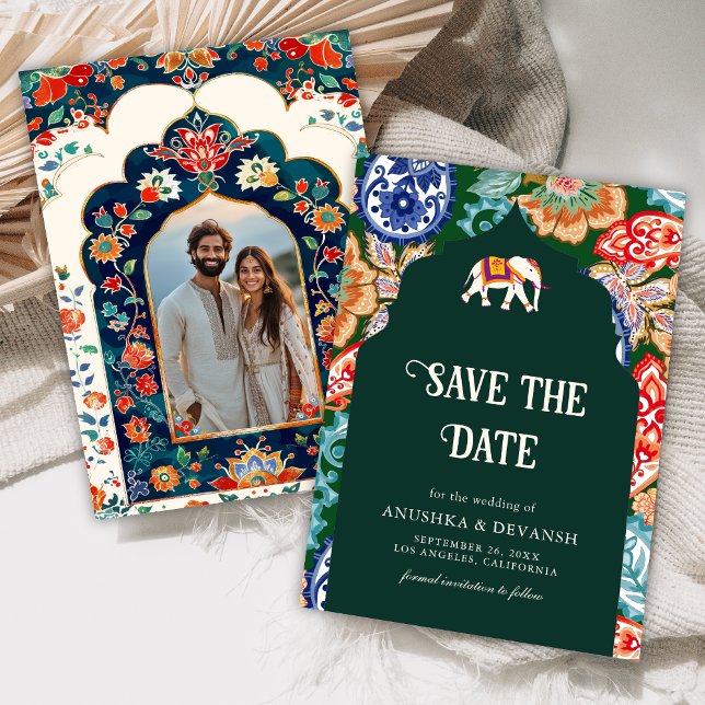 Indian Folk Art Elephant Emerald Green Wedding Save The Date (Creator Uploaded)