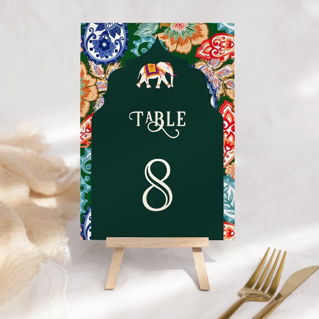 Indian Folk Art Elephant Emerald Green Wedding Table Number (Creator Uploaded)