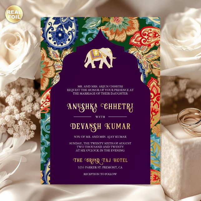 Indian Folk Art Elephant Wedding Aubergine Gold Foil Invitation (Creator Uploaded)