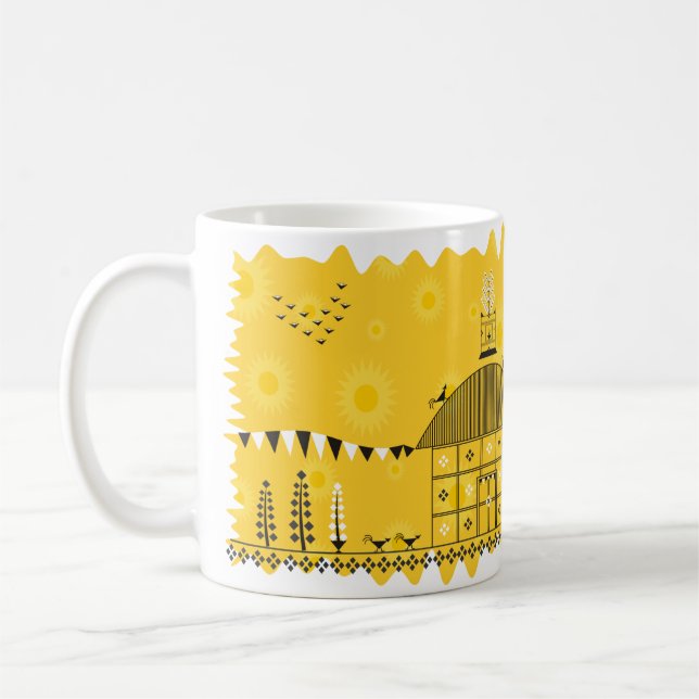 Indian Folk Art Warli (Yellow) Coffee Mug (Left)