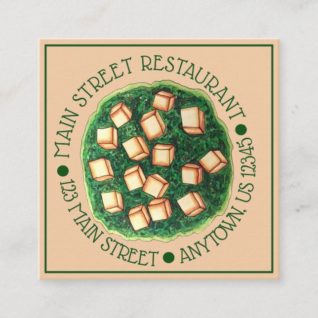 Indian Food Cuisine Restaurant Dish Saag Paneer Square Business Card (Front)