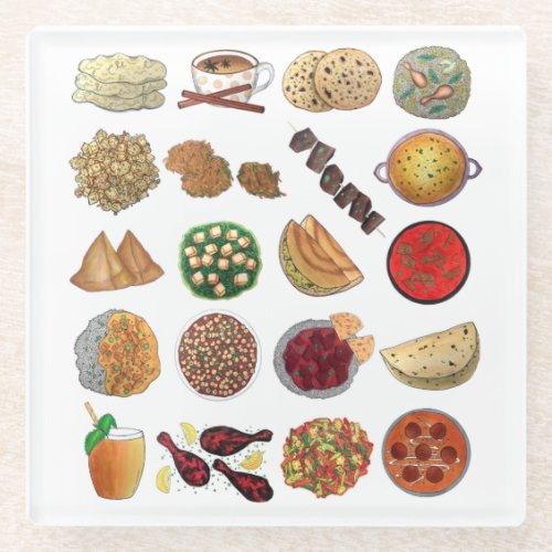 Indian Foods Dishes Cuisine of India Illustration Glass Coaster