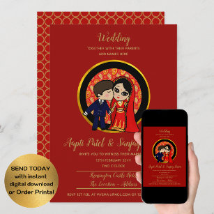 Wedding Invitation Card Template With Cute Groom And Bride Cartoon