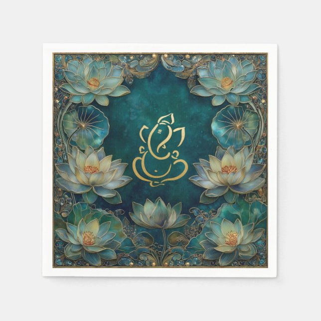 Indian Ganesh Green Gold Traditional Lotus Wedding Napkins (Front)