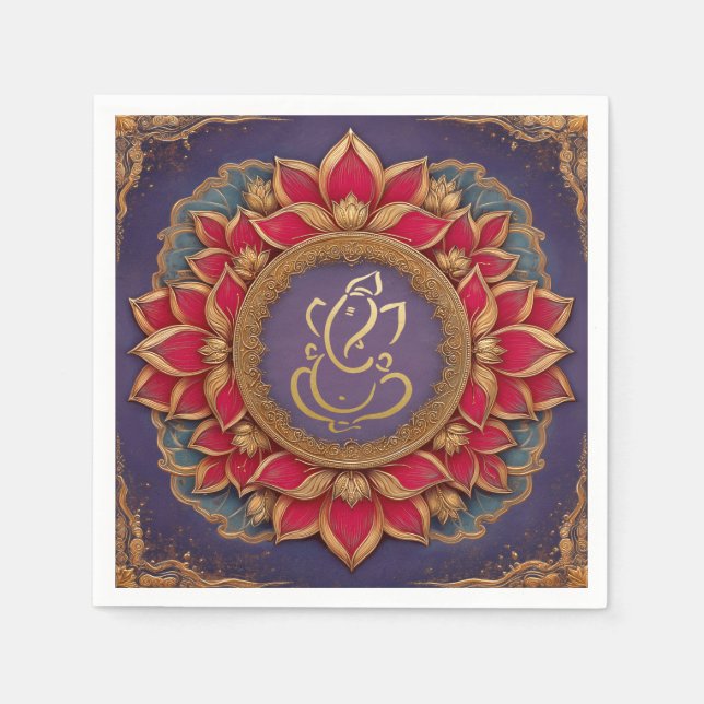 Indian Ganesh Purple Traditional Lotus Wedding Napkins (Front)
