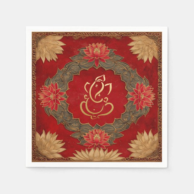 Indian Ganesh Red Gold Traditional Lotus Wedding Napkins (Front)