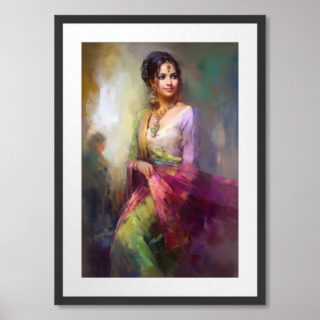 Indian Girl Contemporary Figurative Painting Framed Art (Framed Front)