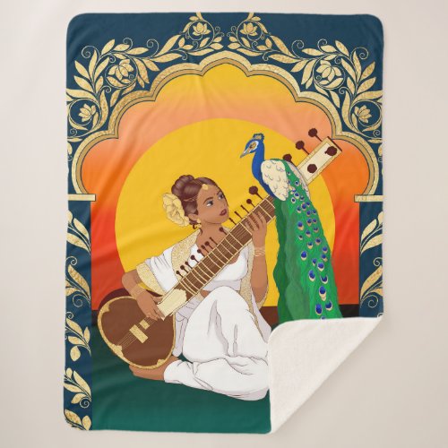 Indian girl playing sitar with a peacock sherpa blanket