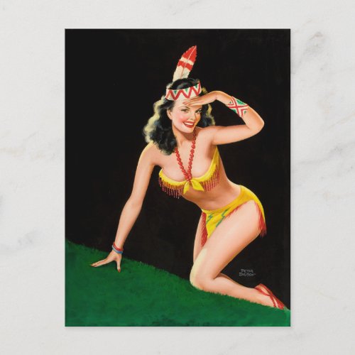 Indian girl retro pinup illustration postcard