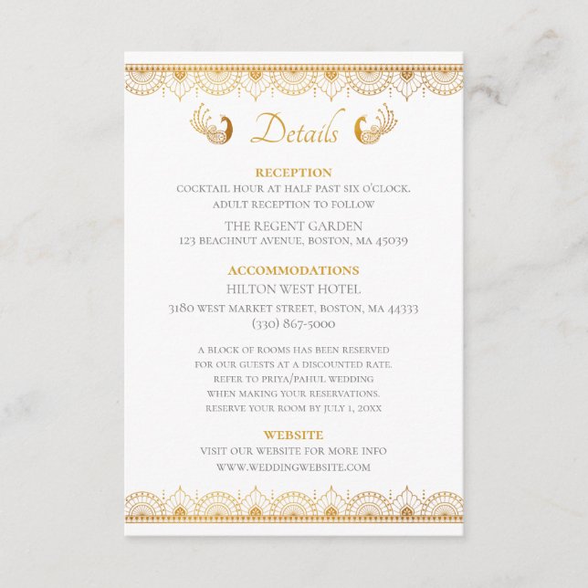 Indian Gold Ethnic Pattern Wedding Details Card (Front)