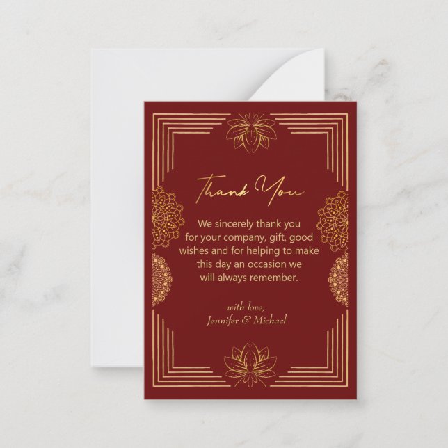  indian gold red geometric  thank you wedding   note card (Front)