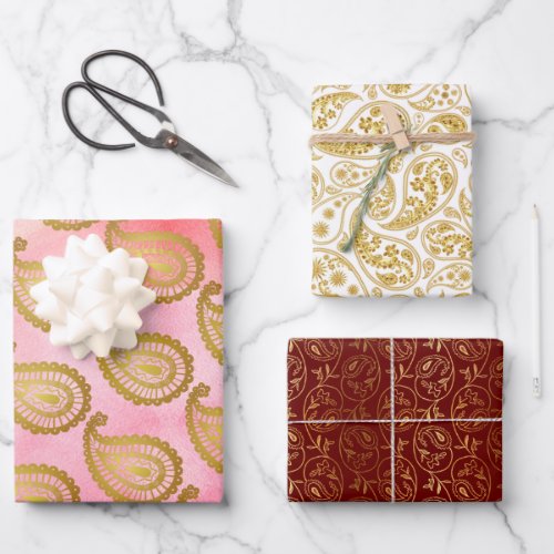 Indian golden paisley white maroon and pink wrapping paper sheets