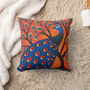 Indian Gond Art Peacock Art of India Throw Pillow