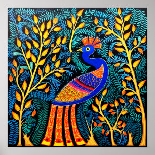 Indian Gond Art Peacock Black Art of India Poster