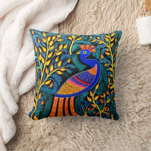 Indian Gond Art Peacock Black Art of India Throw Pillow
