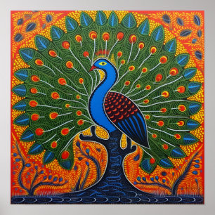 Indian Gond Art Peacock Orange Art of India Poster