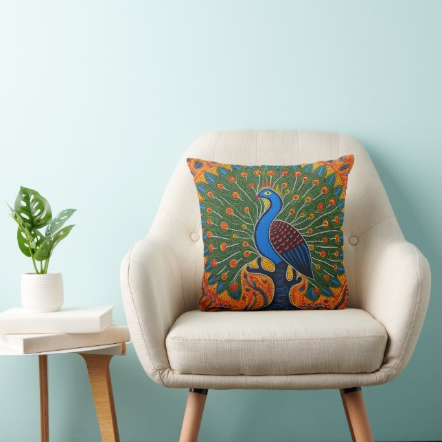 Indian Gond Art Peacock Orange | Art of India Throw Pillow (Chair)