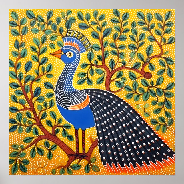Indian Gond Art Peacock Yellow | Art of India Poster (Front)