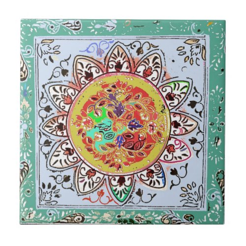 Indian Green Yellow Floral Tile