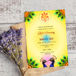 Indian Haldi Ceremony Hindu Couple Peacock Invitation