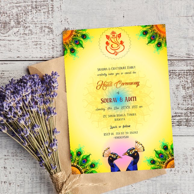 Indian Haldi Ceremony Hindu Couple Peacock Invitation (Creator Uploaded)