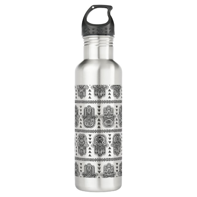 Indian Hand Drawn Hamsa Doodle Stainless Steel Water Bottle (Front)