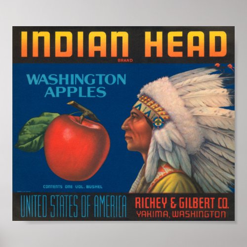 Indian Head Washington Apples Vintage Crate Label Poster