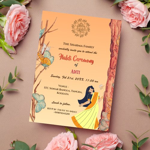 Indian Hindu Bride Haldi Ceremony Butterfly Invitation