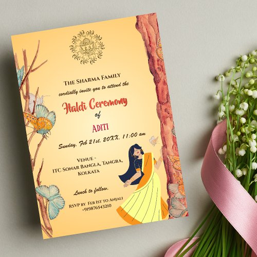 Indian Hindu Bride Haldi Ceremony Butterfly Invitation