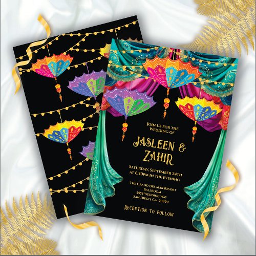 Indian Hindu Colorful Parasol Draperie Wedding Invitation