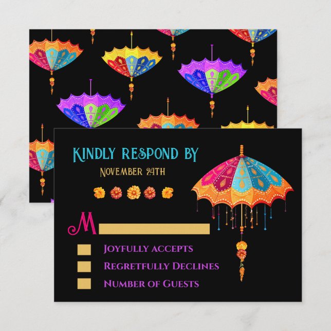 Indian Hindu Colorful Parasol Wedding RSVP Card (Front/Back)