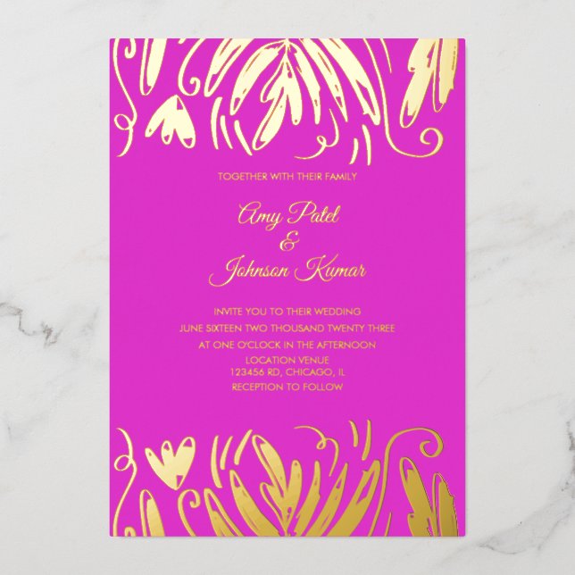 Indian Hindu Drawn Swirls Floral Wedding Pressed  Foil Invitation (Front)