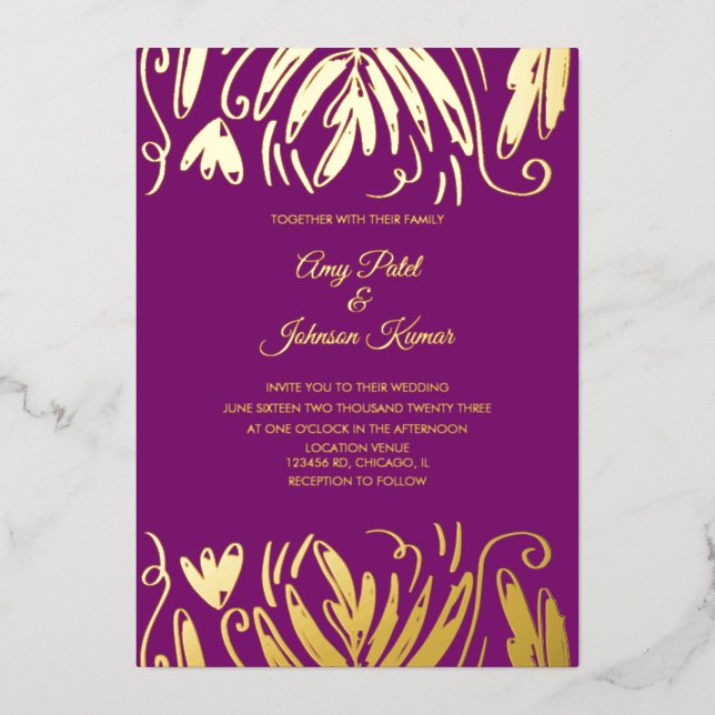 Indian Hindu Drawn Swirls Floral Wedding Pressed   Foil Invitation (Front)