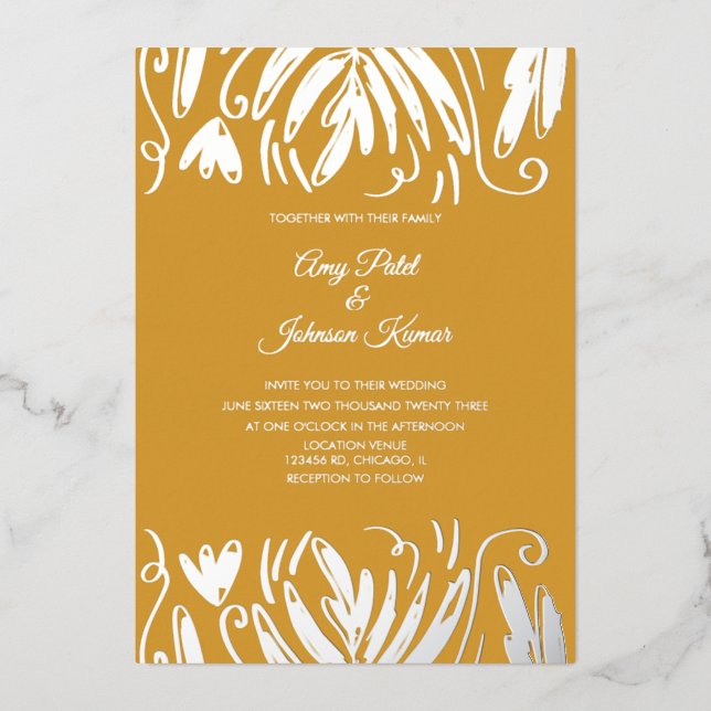 Indian Hindu Drawn Swirls Floral Wedding Pressed  Foil Invitation (Front)