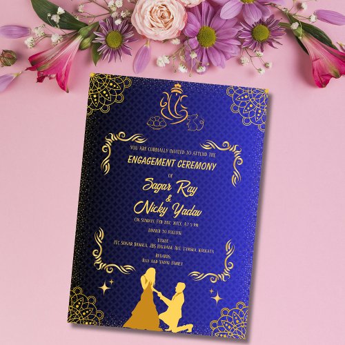 Indian Hindu Engagement Ceremony Blue  Golden Invitation