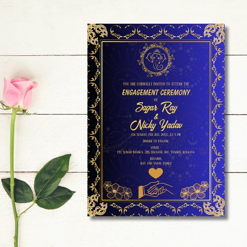 Indian Hindu Engagement Ceremony Blue  Golden Invitation