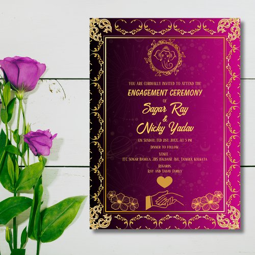 Indian Hindu Engagement Ceremony Pink  Golden Invitation