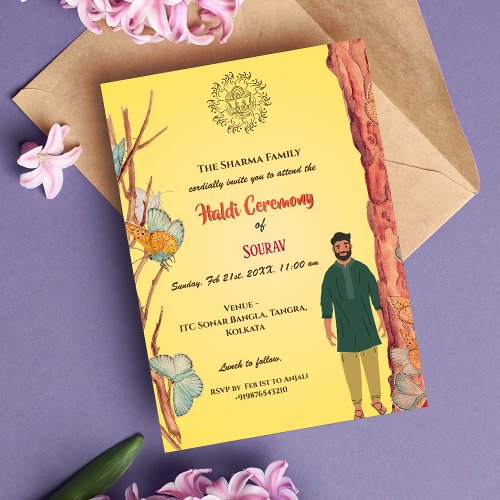 Indian Hindu Groom Haldi Ceremony Butterfly Invitation