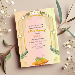 Indian Hindu Groom Haldi Ceremony Peacock Invitation