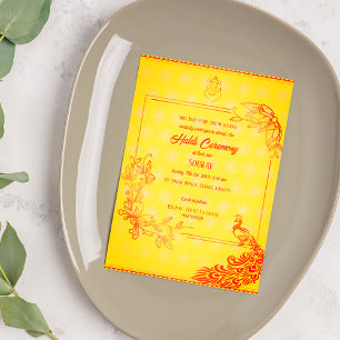 Indian Hindu Groom Haldi Ceremony Peacock Theme Invitation
