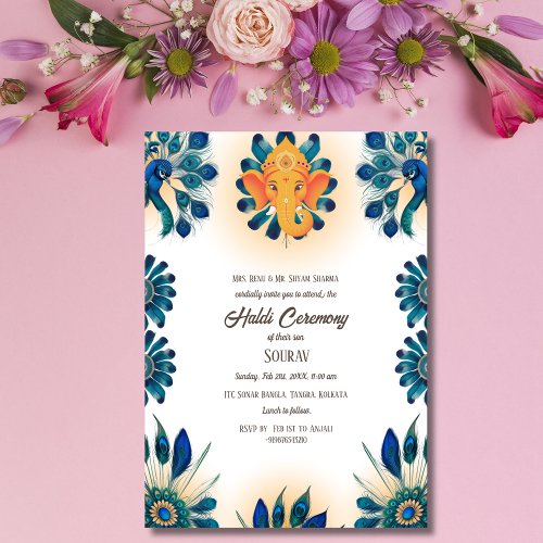 Indian Hindu Groom Haldi Ceremony Peacock Theme  Invitation