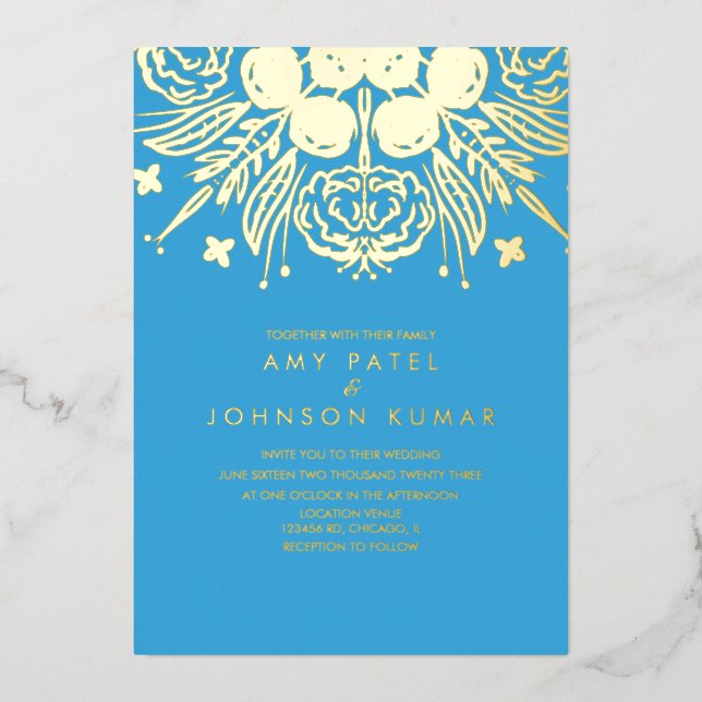 Indian Hindu Hand Drawn  Wedding Pressed    Foil Invitation (Front)